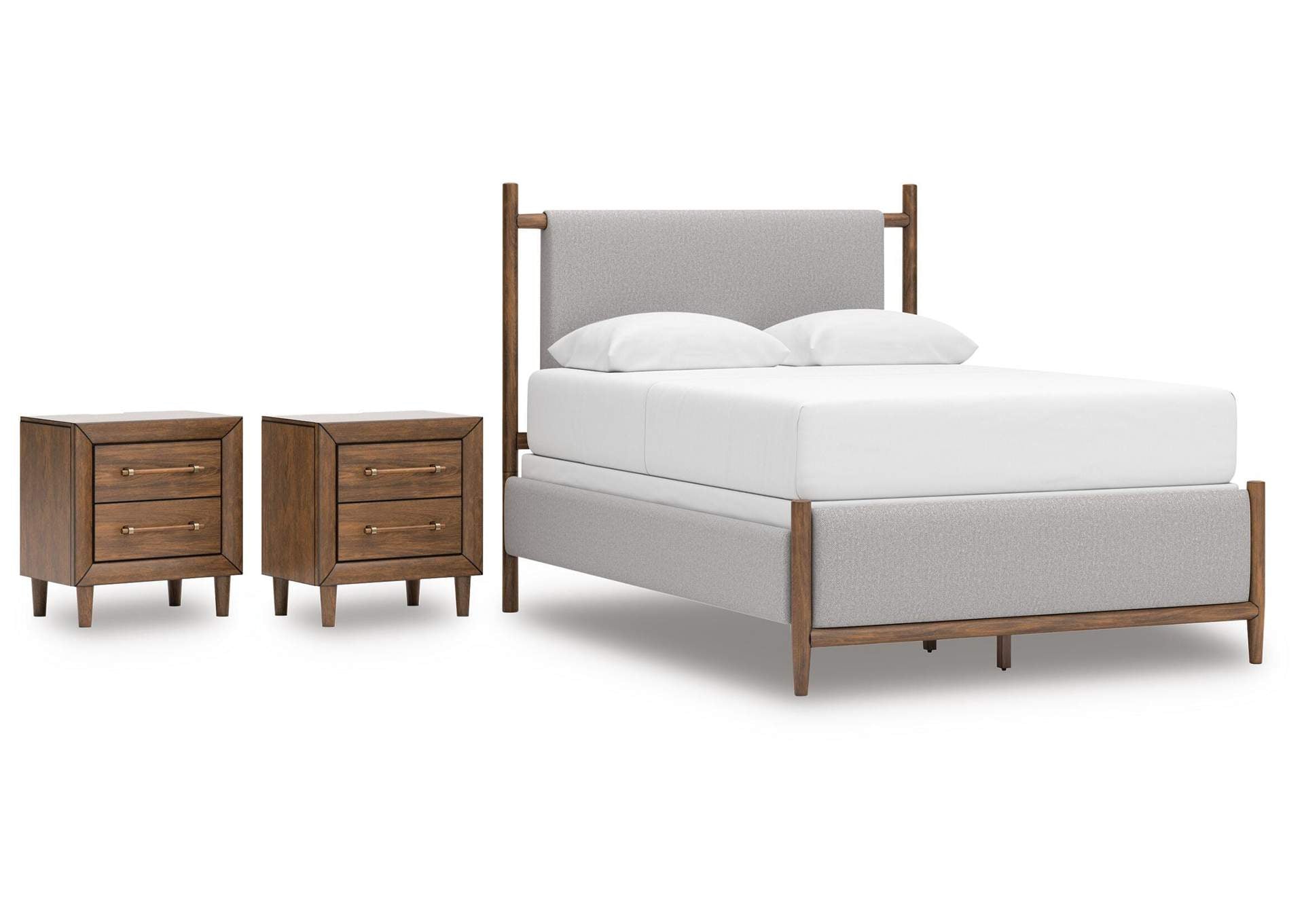 Lyncott Queen Upholstered Panel Bed and 2 Nightstands