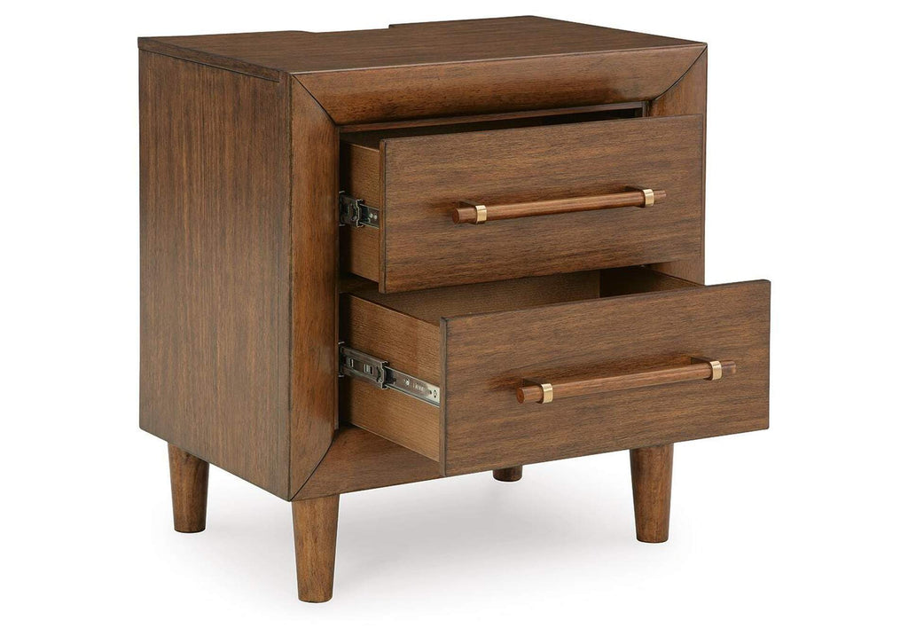 Lyncott California King Upholstered Bed and 2 Nightstands angled view