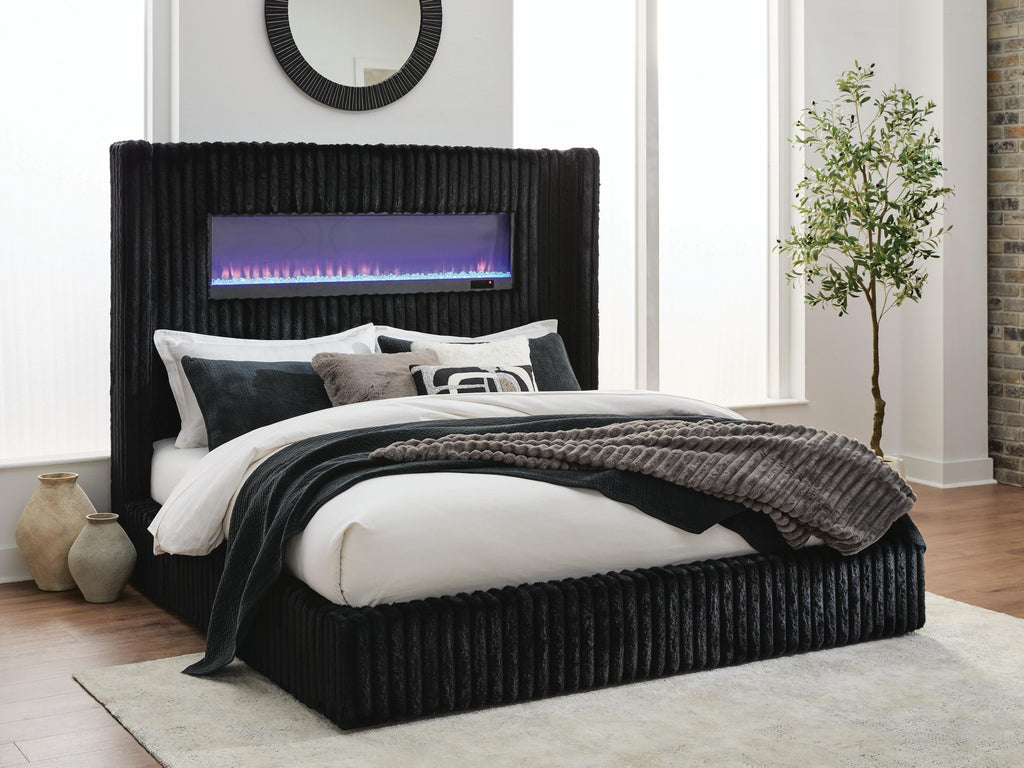 Tayleena King Upholstered Bed with Fireplace and Wireless Audio in Black, lifestyle view
