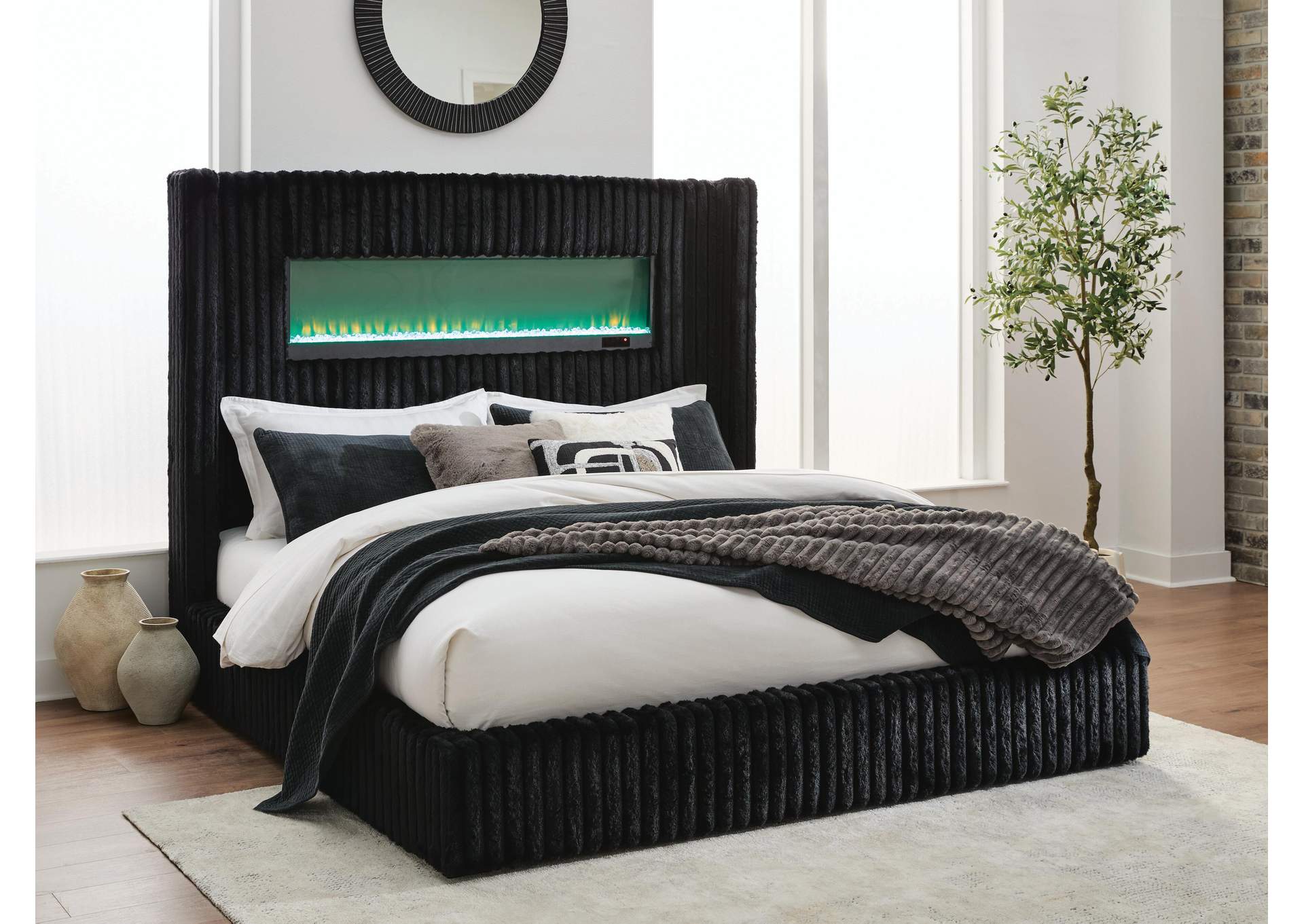 Tayleena Queen Upholstered Bed with Fireplace and Wireless Audio