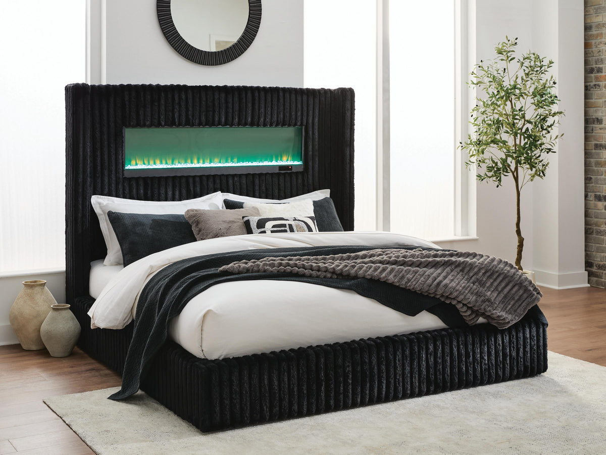 Tayleena King Upholstered Bed with Fireplace and Wireless Audio in Black, lifestyle view