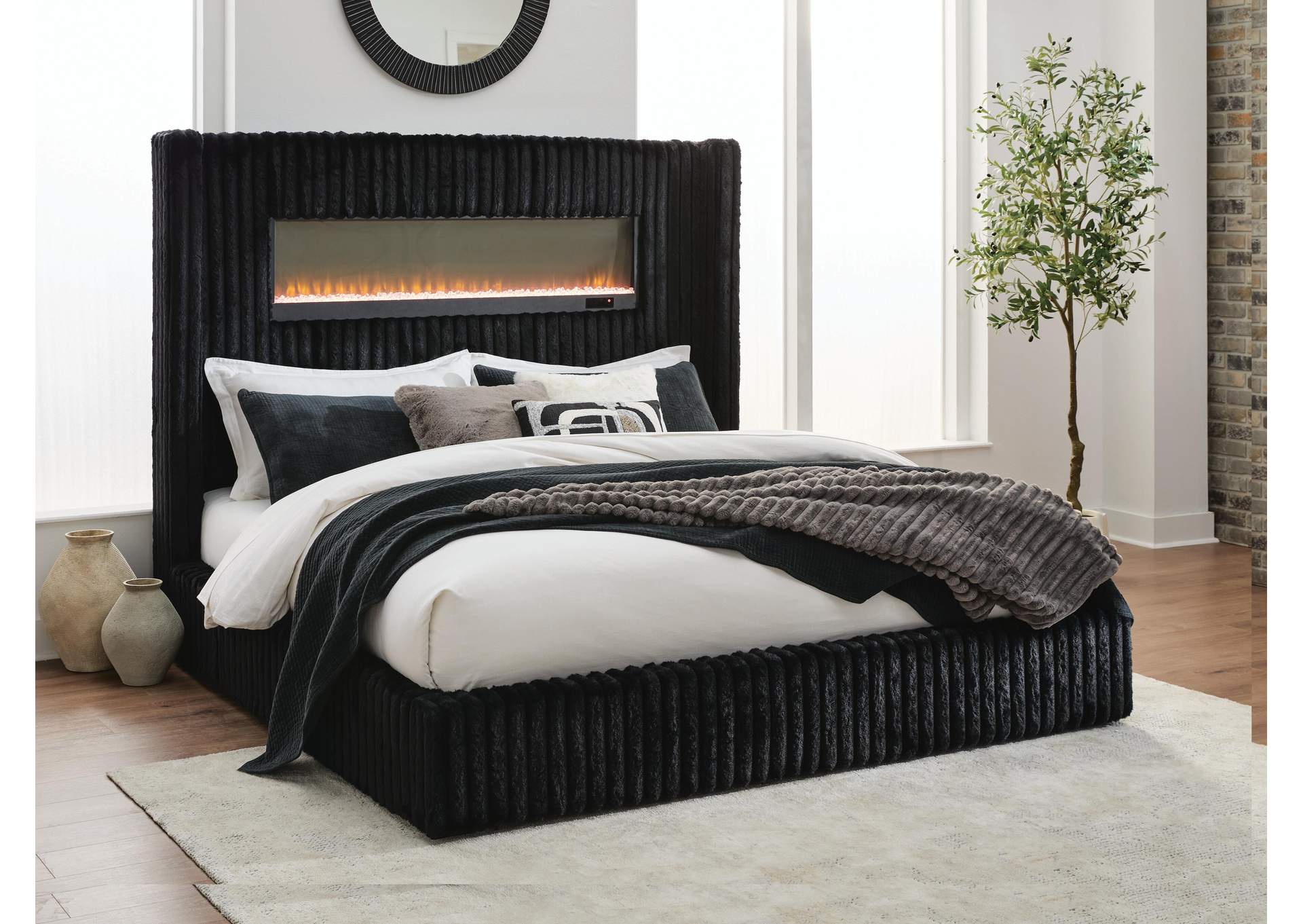 Tayleena Queen Upholstered Bed with Fireplace and Wireless Audio
