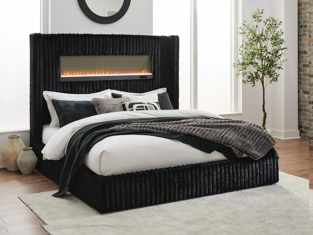 Tayleena King Upholstered Bed with Fireplace and Wireless Audio in Black, lifestyle view