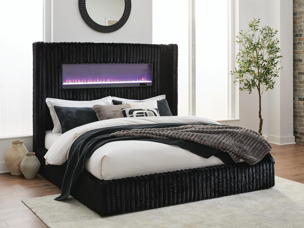 Tayleena King Upholstered Bed with Fireplace and Wireless Audio in Black, lifestyle view