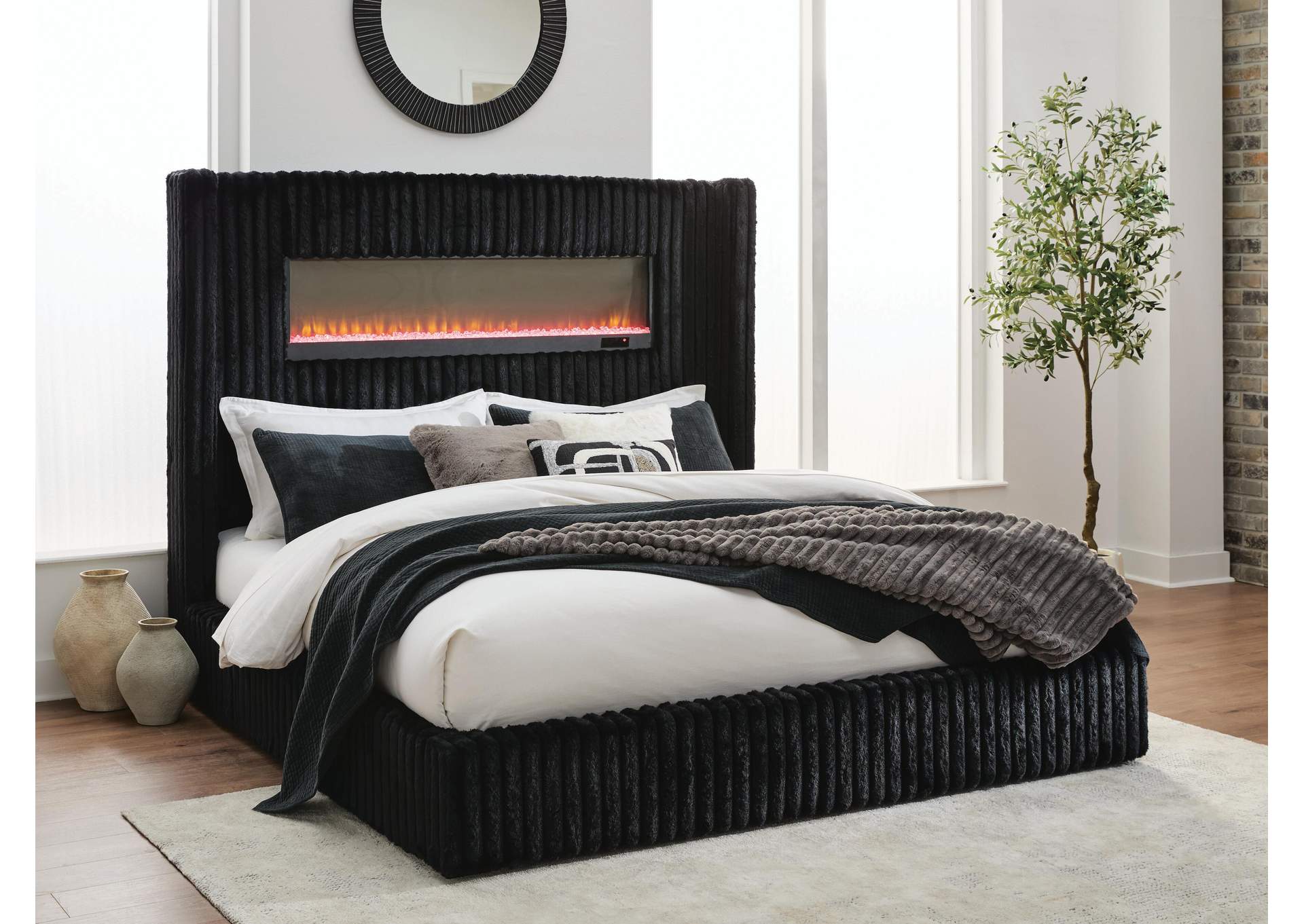 Tayleena Queen Upholstered Bed with Fireplace and Wireless Audio