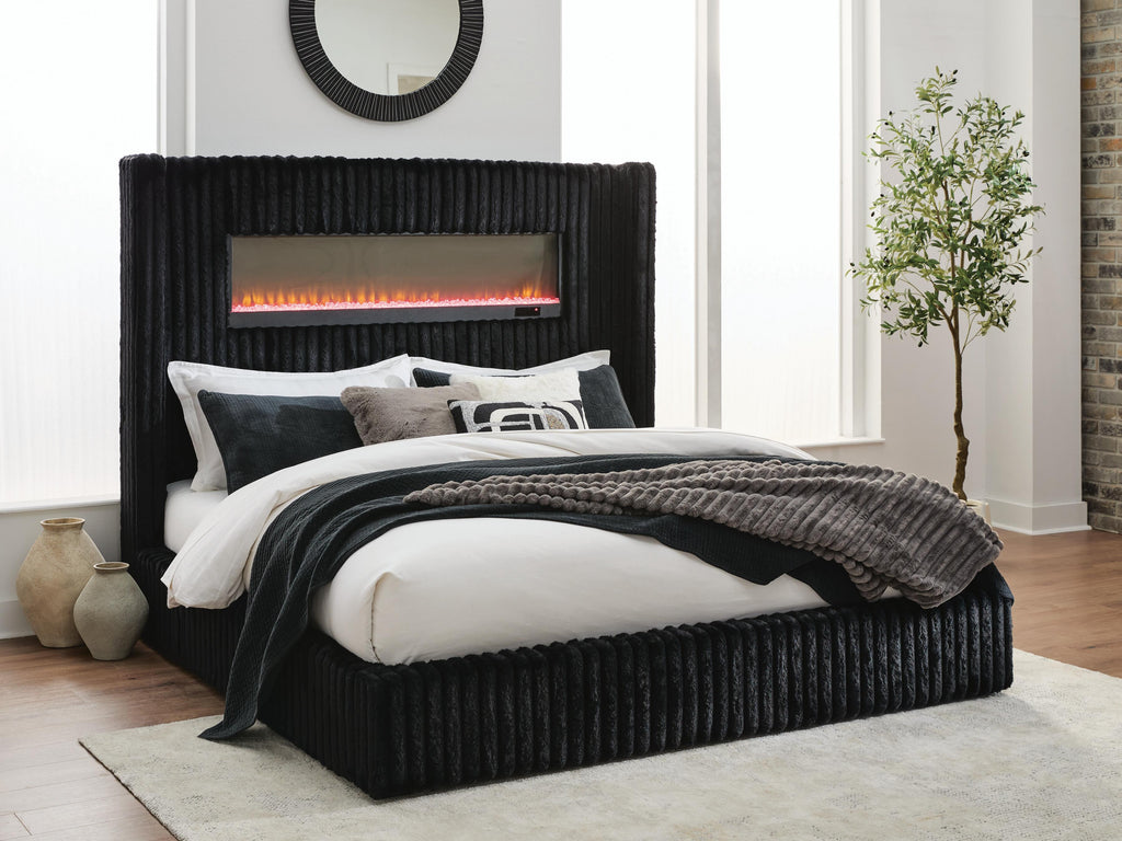 Tayleena King Upholstered Bed with Fireplace and Wireless Audio in Black, lifestyle view