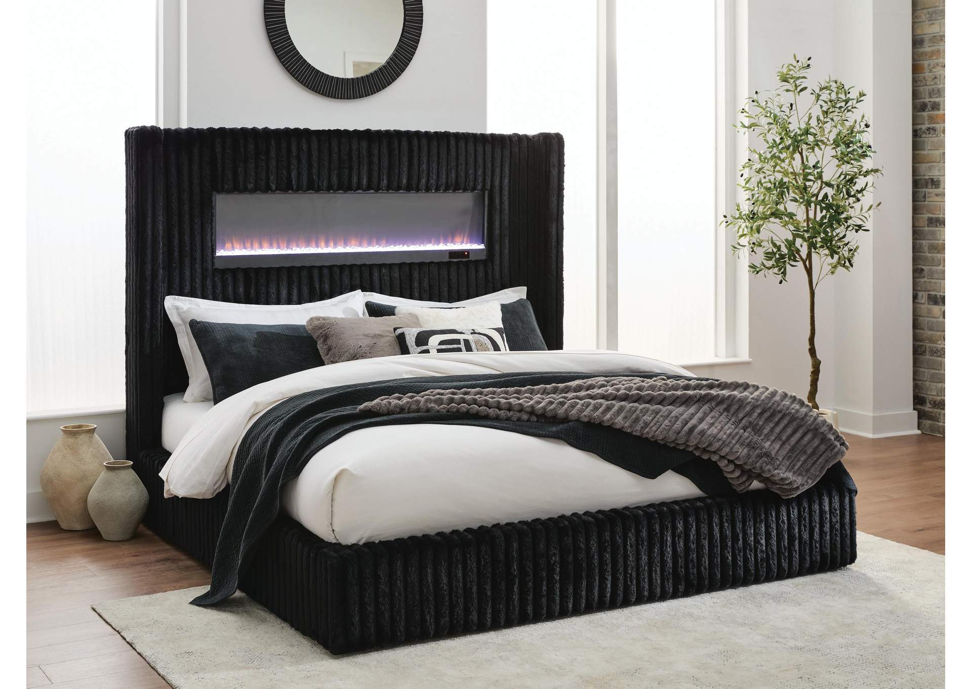 Tayleena Queen Upholstered Bed with Fireplace and Wireless Audio