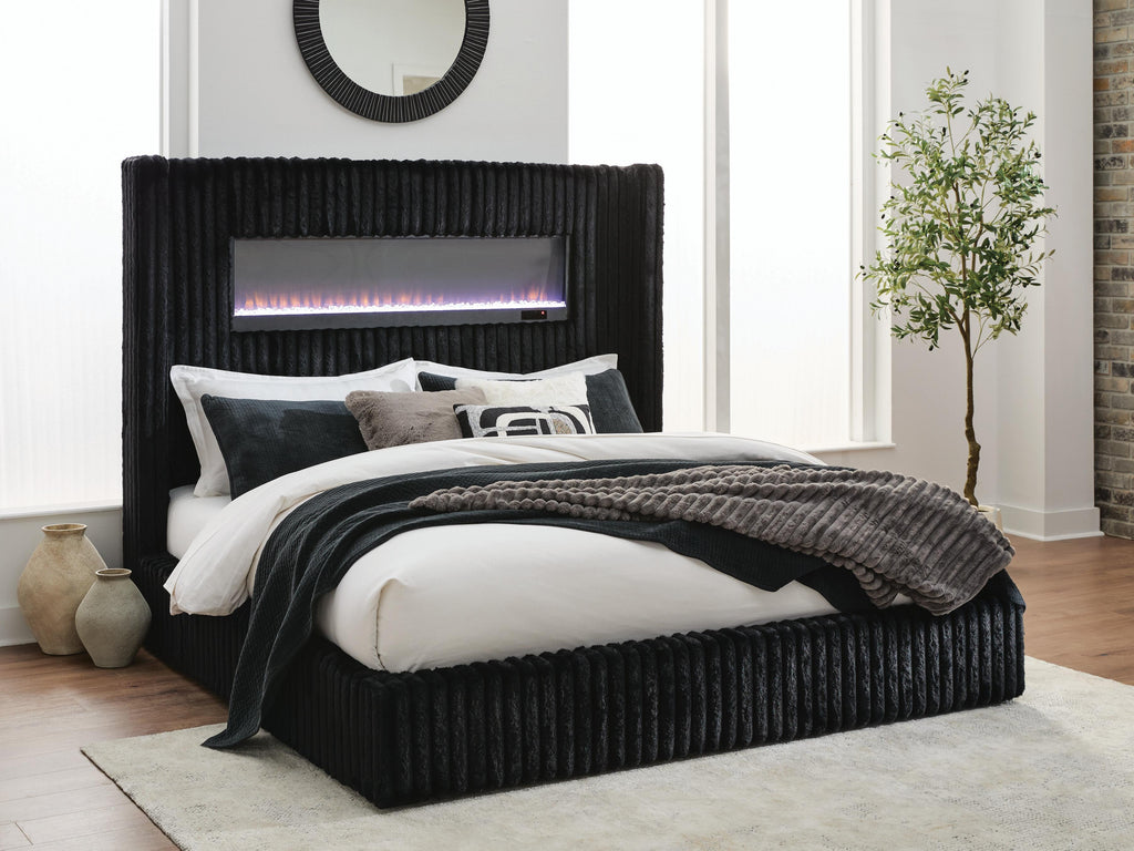 Tayleena King Upholstered Bed with Fireplace and Wireless Audio in Black, lifestyle view