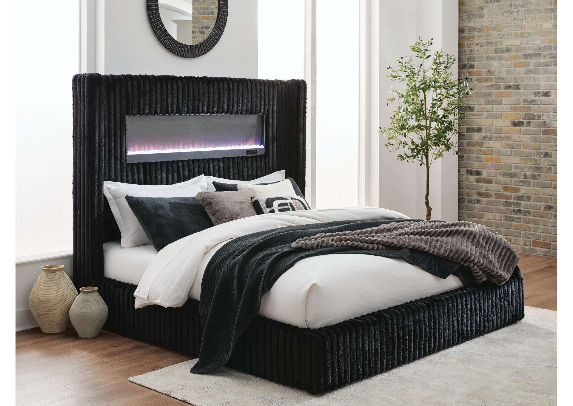 Tayleena Queen Upholstered Bed with Fireplace and Wireless Audio