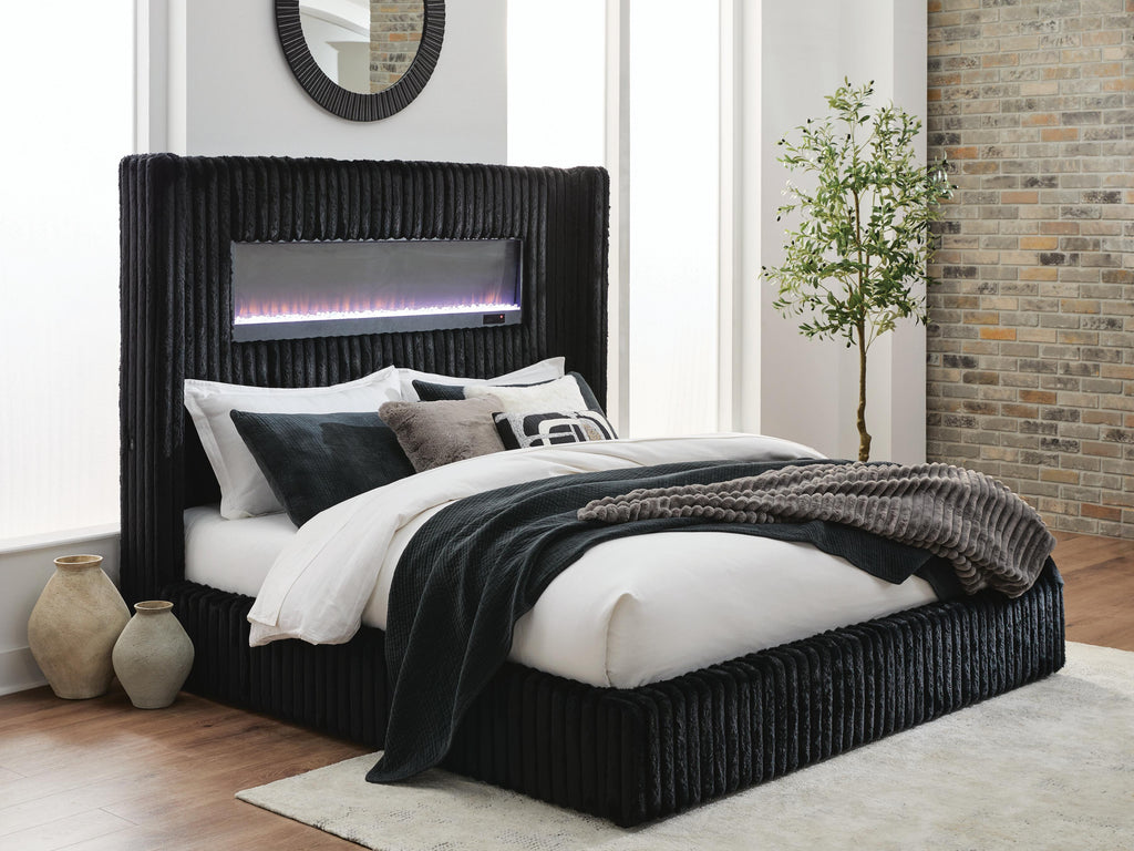 Tayleena King Upholstered Bed with Fireplace and Wireless Audio in Black, lifestyle view