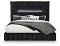 Tayleena King Upholstered Bed with Fireplace and Wireless Audio in Black, front view