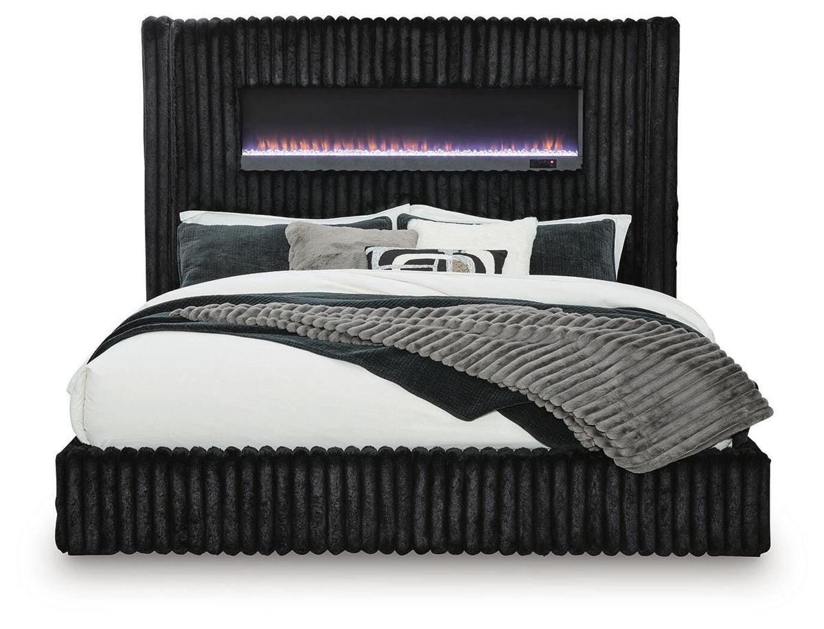 Tayleena King Upholstered Bed with Fireplace and Wireless Audio in Black, front view