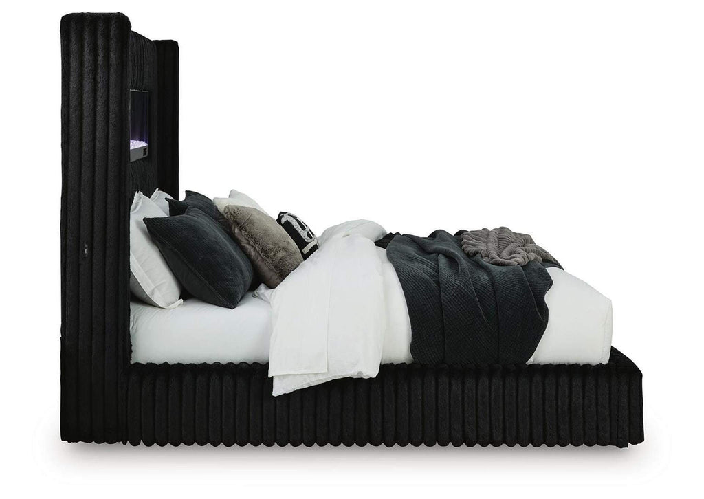 Tayleena Queen Upholstered Bed with Fireplace and Wireless Audio side view