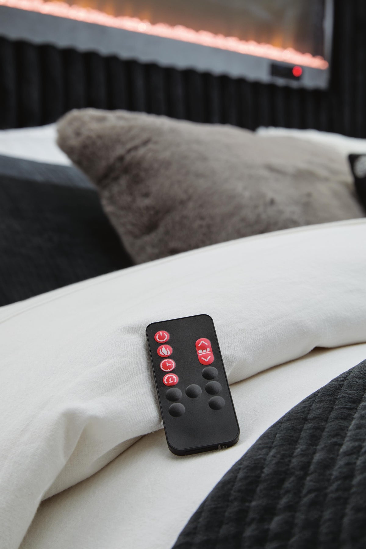 Tayleena King Upholstered Bed with Fireplace and Wireless Audio in Black, detail view