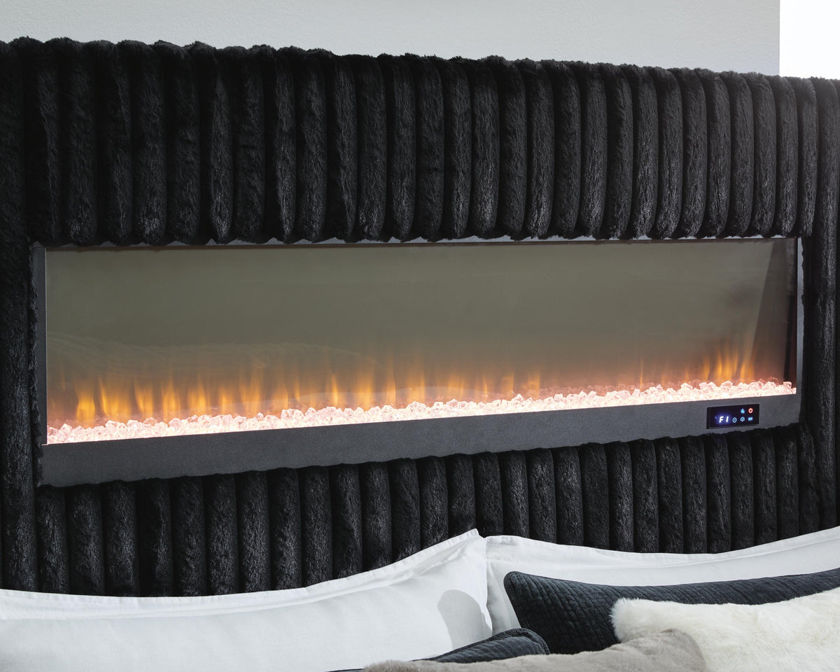 Tayleena King Upholstered Bed with Fireplace and Wireless Audio in Black, detail view