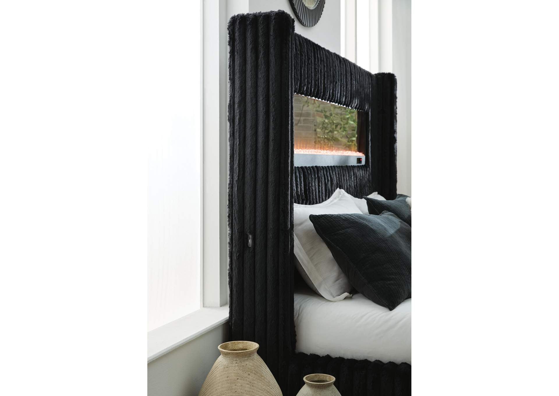 Tayleena Queen Upholstered Bed with Fireplace and Wireless Audio detail