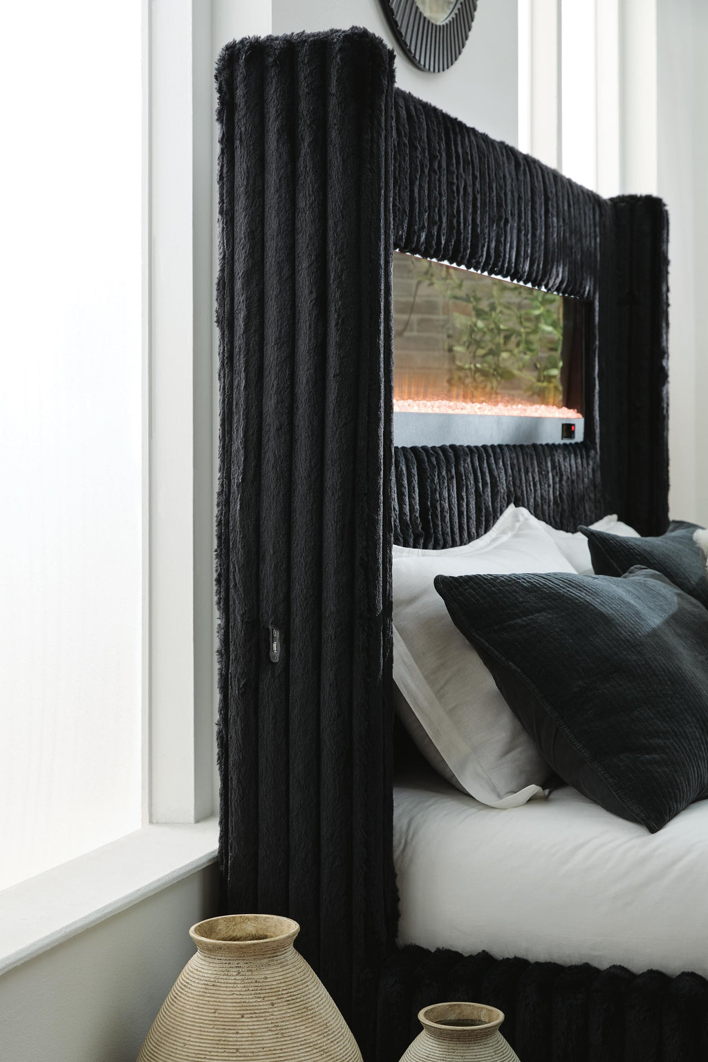 Tayleena King Upholstered Bed with Fireplace and Wireless Audio in Black, detail view
