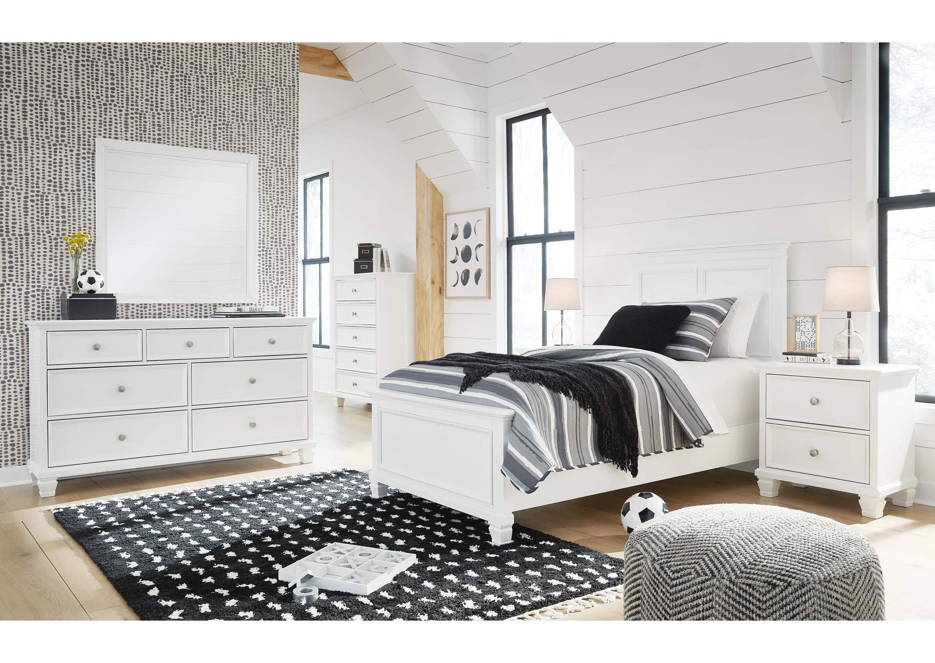 Fortman Twin Panel Bed with Mirrored Dresser and Chest