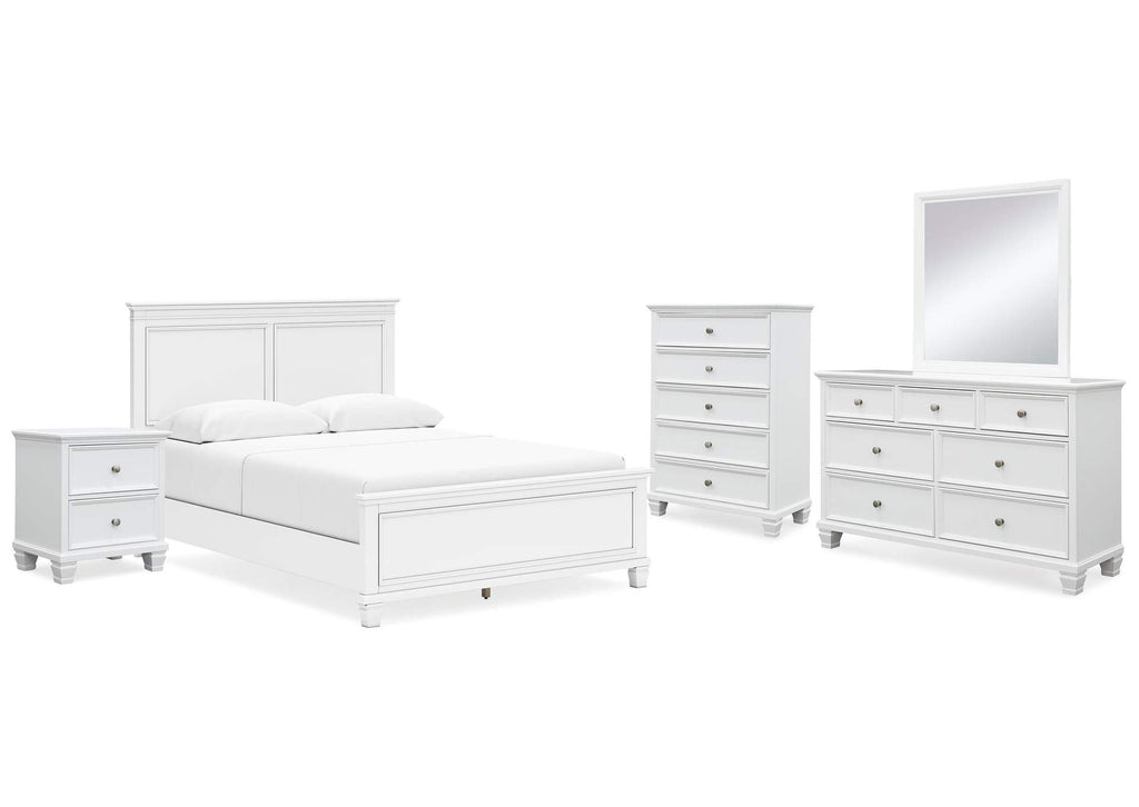 Fortman Queen Panel Bed with Mirrored Dresser, Chest and Nightstand