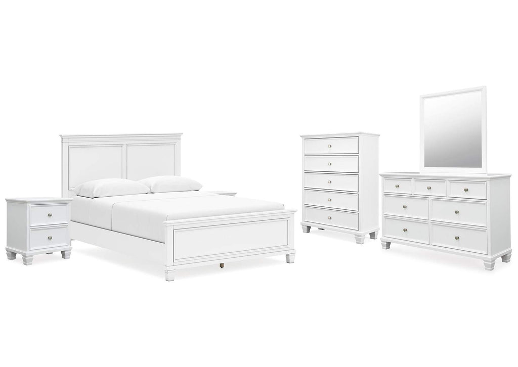 Fortman Queen Panel Bed with Mirrored Dresser, Chest and 2 Nightstands