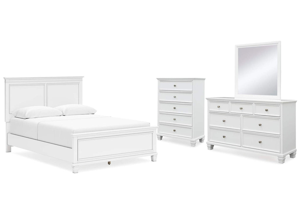 Fortman Queen Panel Bed with Mirrored Dresser and Chest