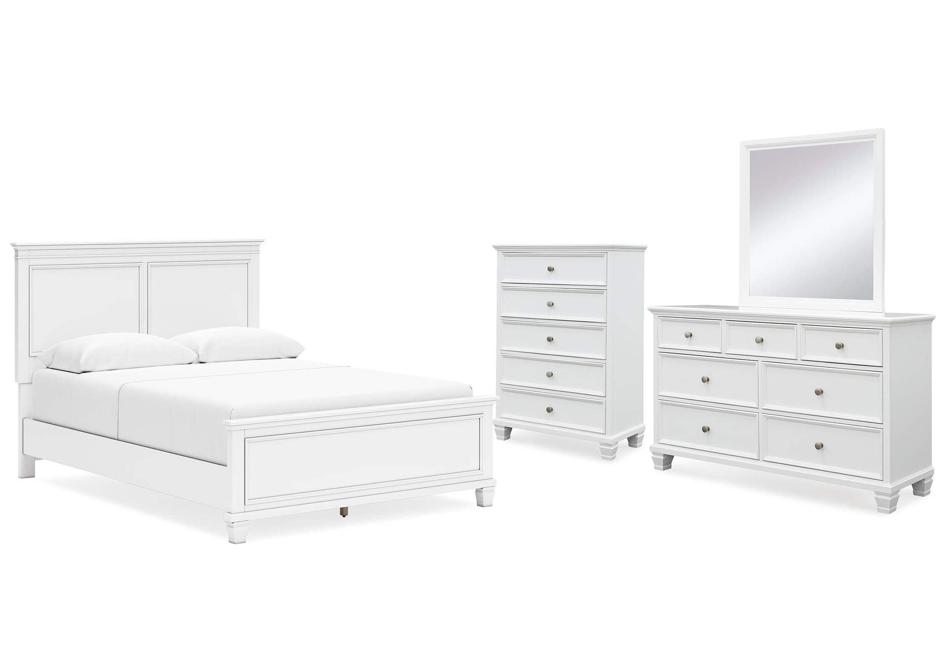 Fortman Queen Panel Bed with Mirrored Dresser and Chest