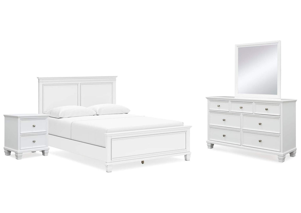 Fortman Queen Panel Bed with Mirrored Dresser and Nightstand