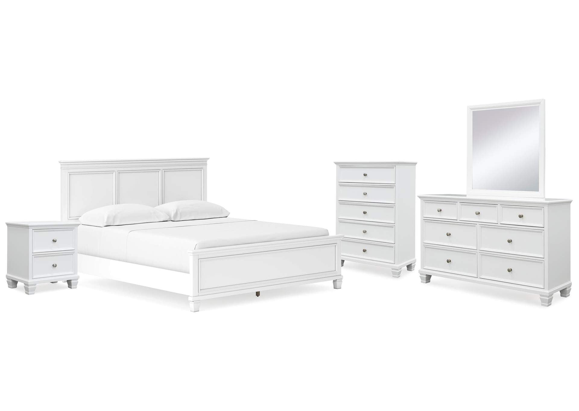 Fortman California King Panel Bed with Mirrored Dresser, Chest and Nightstand