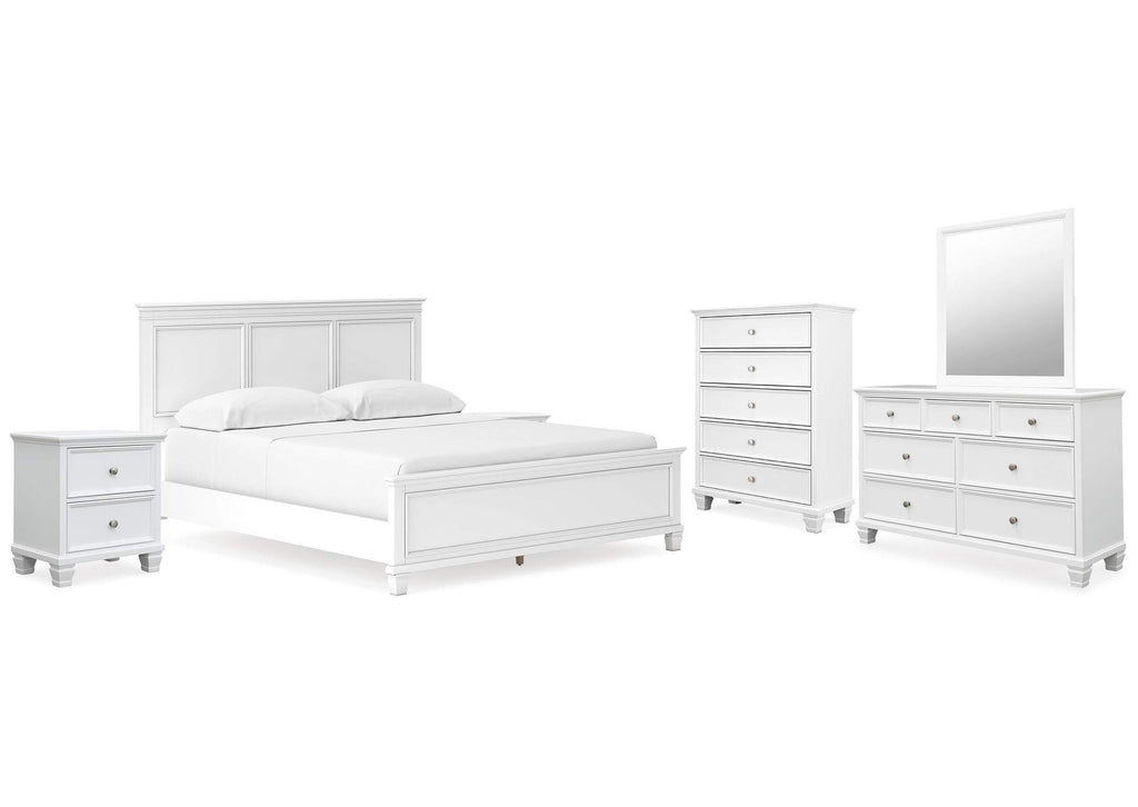 Fortman California King Panel Bed with Mirrored Dresser, Chest and 2 Nightstands