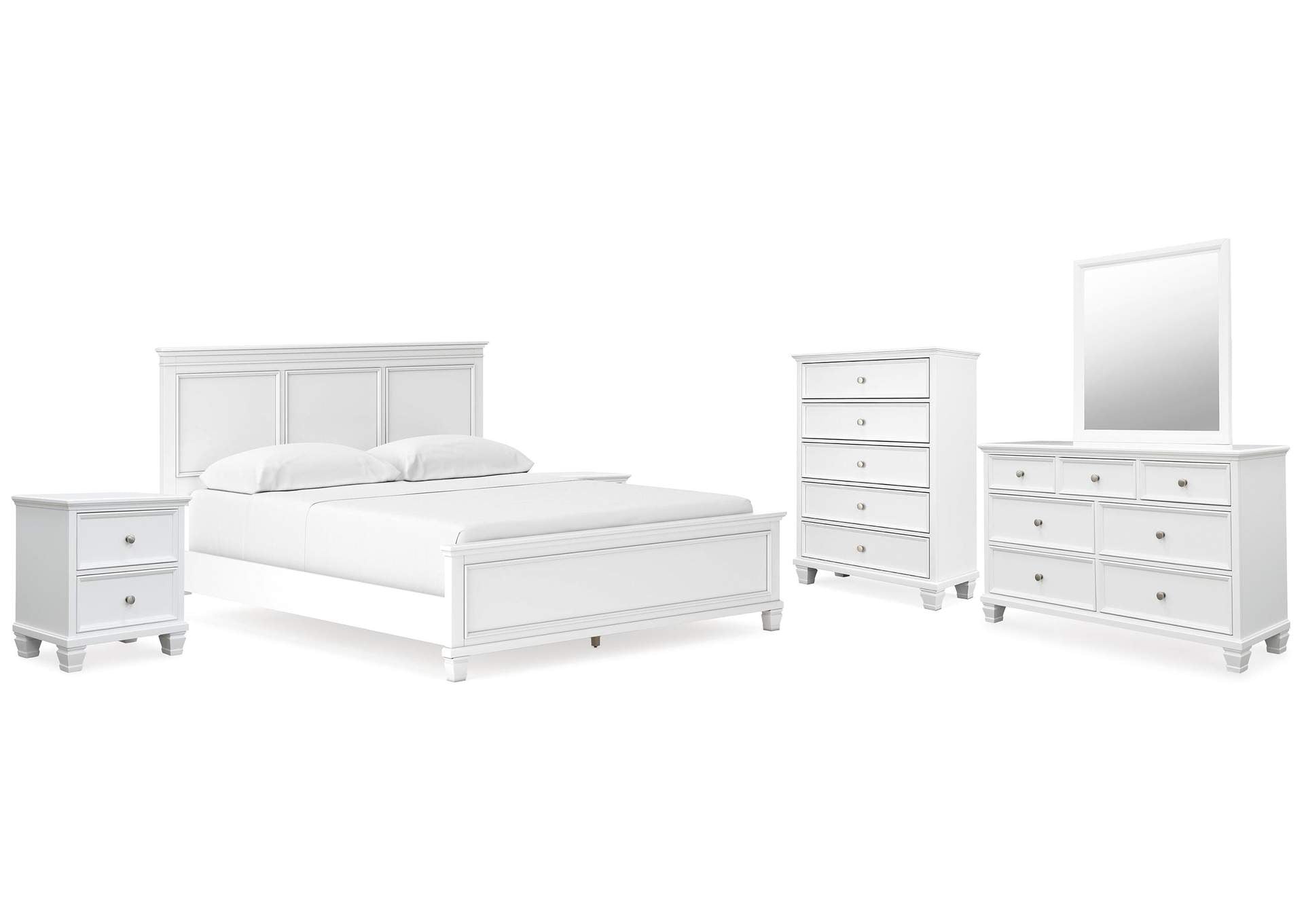 Fortman California King Panel Bed with Mirrored Dresser, Chest and 2 Nightstands