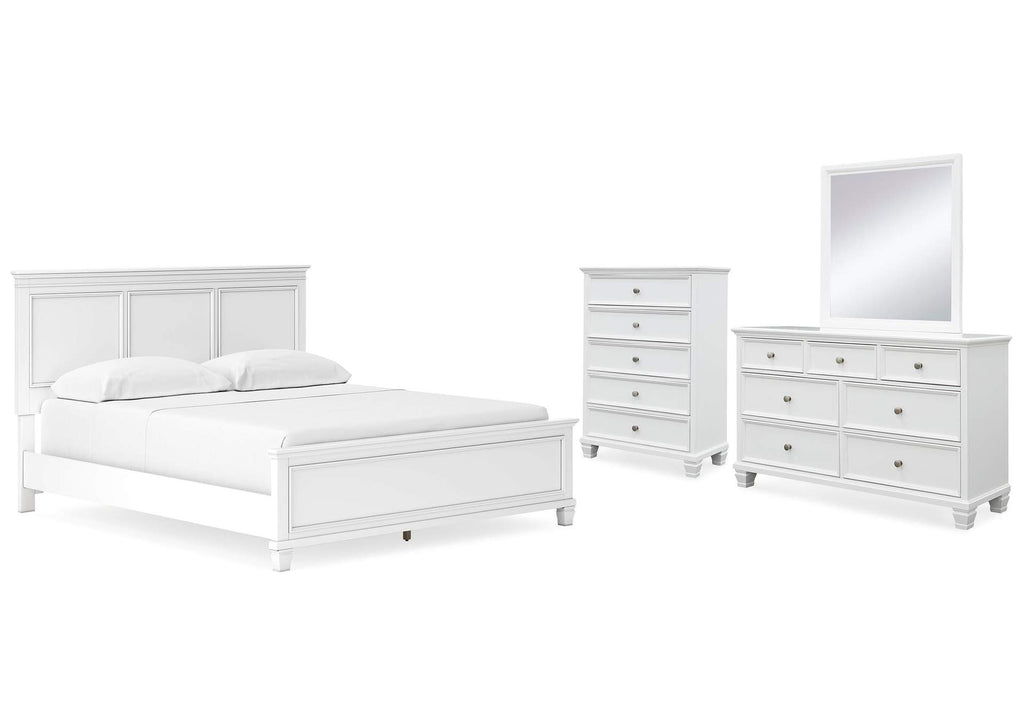 Fortman California King Panel Bed with Mirrored Dresser and Chest
