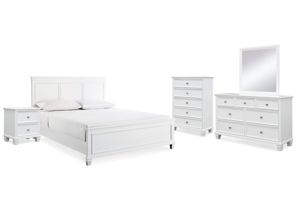 Fortman King Panel Bed with Mirrored Dresser, Chest and Nightstand