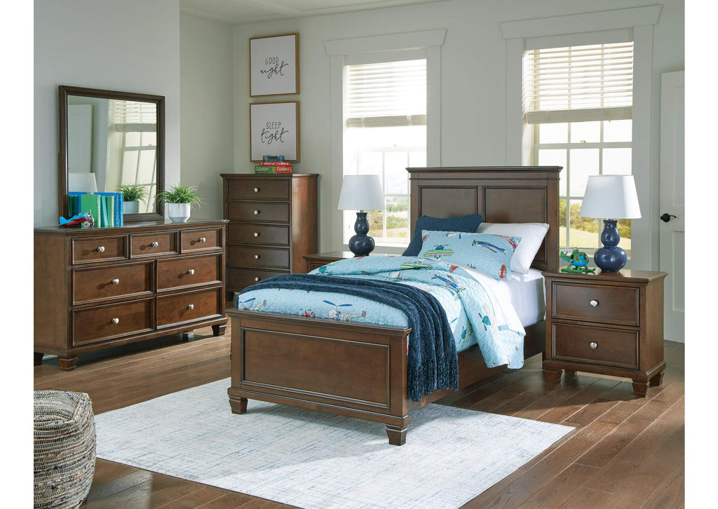 Danabrin Twin Panel Bed with Mirrored Dresser and Chest