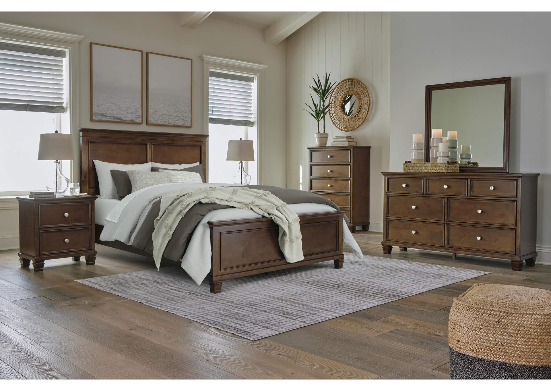 Danabrin Queen Panel Bed with Mirrored Dresser and Nightstand