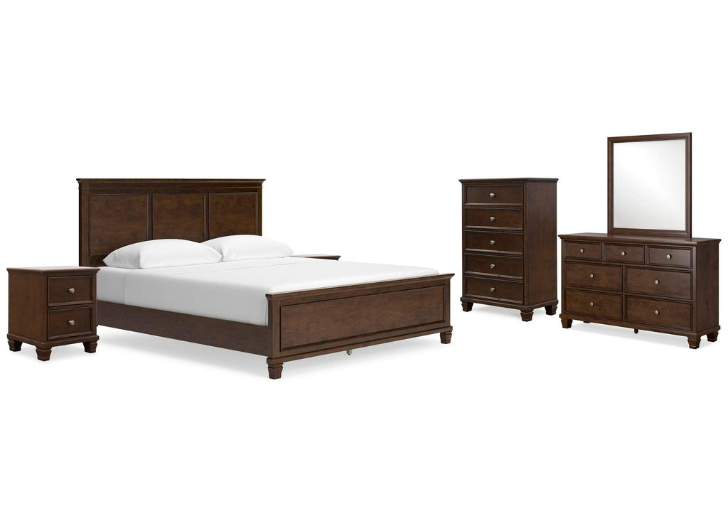 Danabrin California King Panel Bed with Mirrored Dresser, Chest and 2 Nightstands