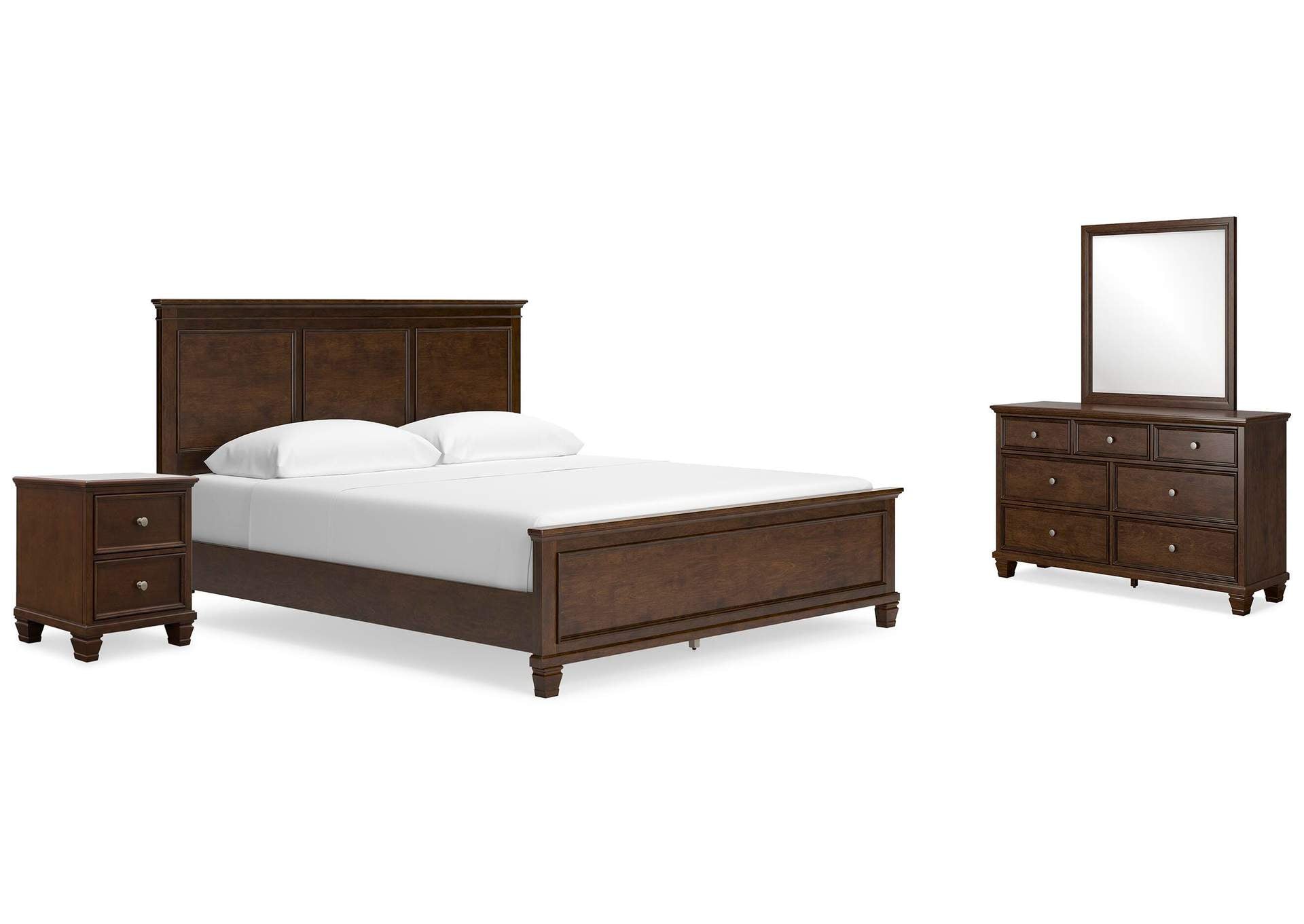 Danabrin California King Panel Bed with Mirrored Dresser and Nightstand