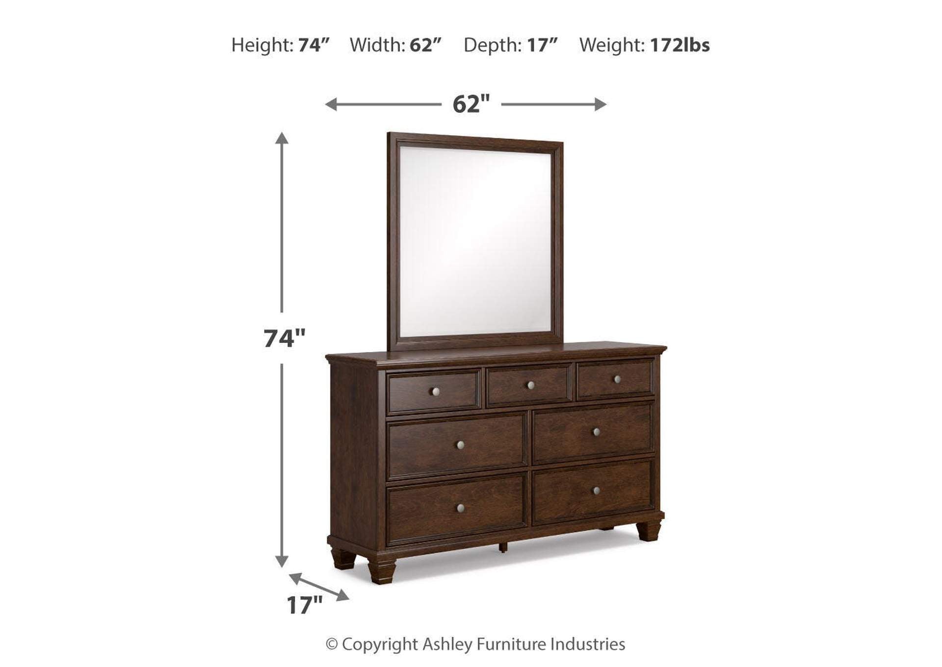 Danabrin King Panel Bed with Mirrored Dresser, Chest and Nightstand dimensions