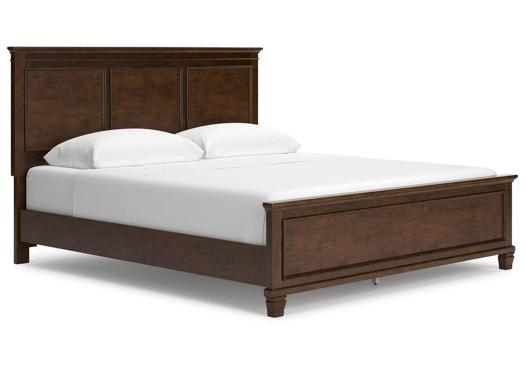 Danabrin California King Panel Bed with Mirrored Dresser and Nightstand angled view