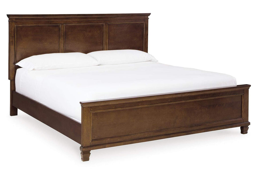 Danabrin King Panel Bed with Mirrored Dresser and 2 Nightstands angled view