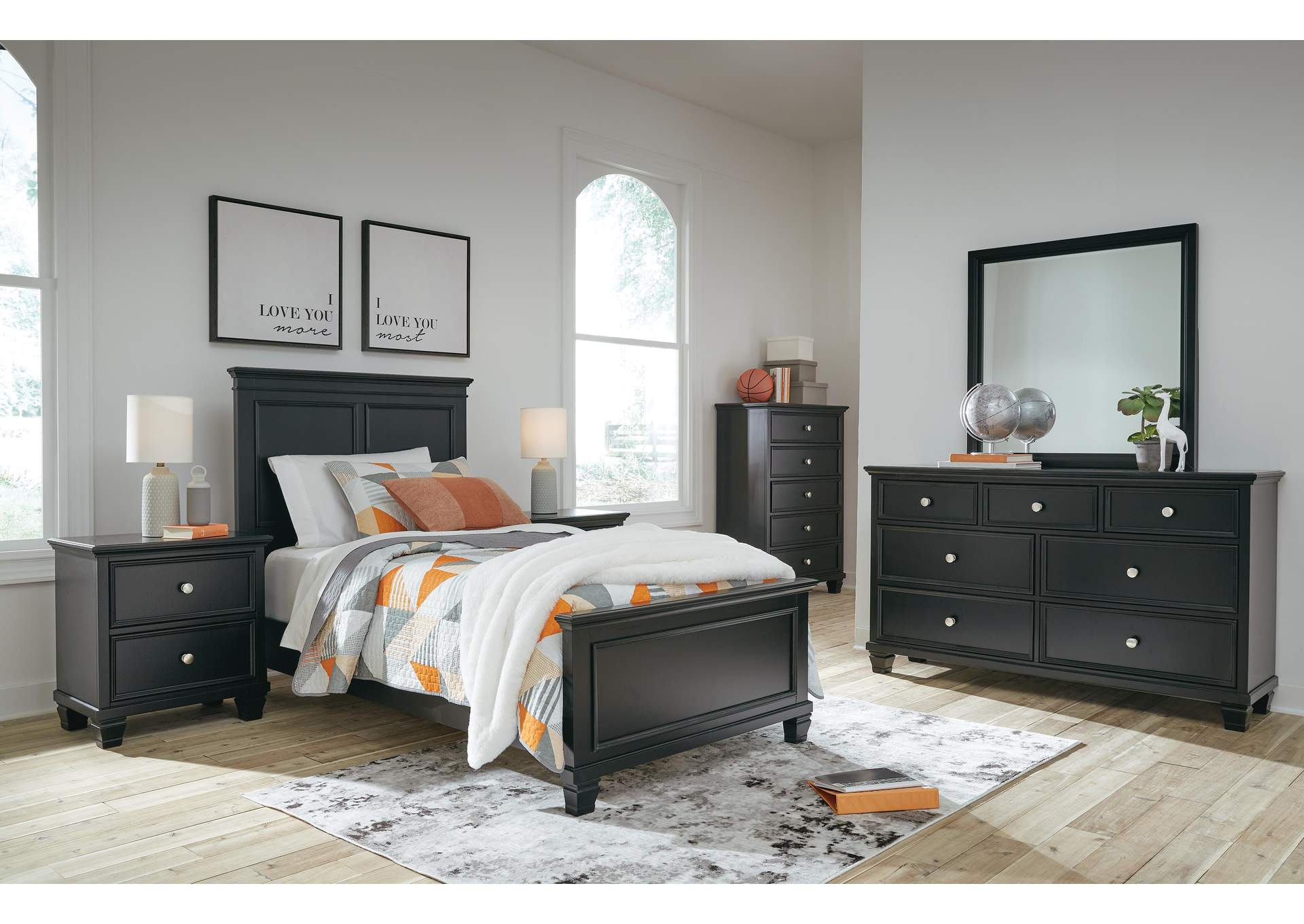 Lanolee Twin Panel Bed with Mirrored Dresser, Chest and Nightstand