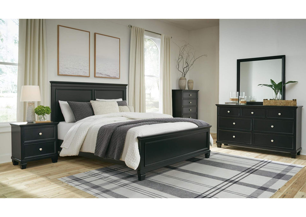 Lanolee Queen Panel Bed with Mirrored Dresser, Chest and 2 Nightstands