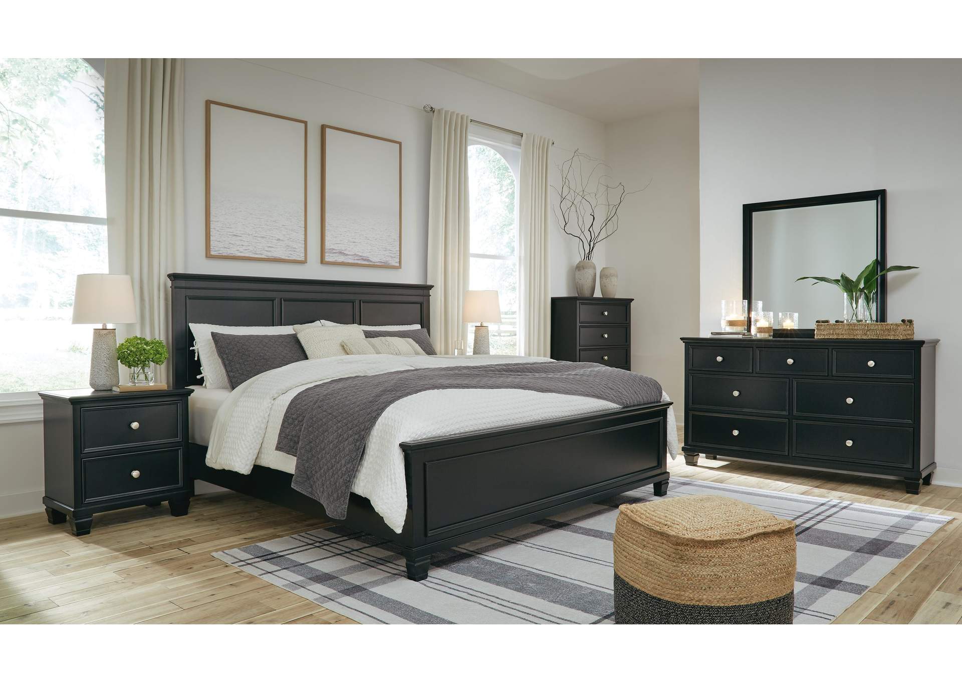 Lanolee King Panel Bed with Mirrored Dresser, Chest and Nightstand