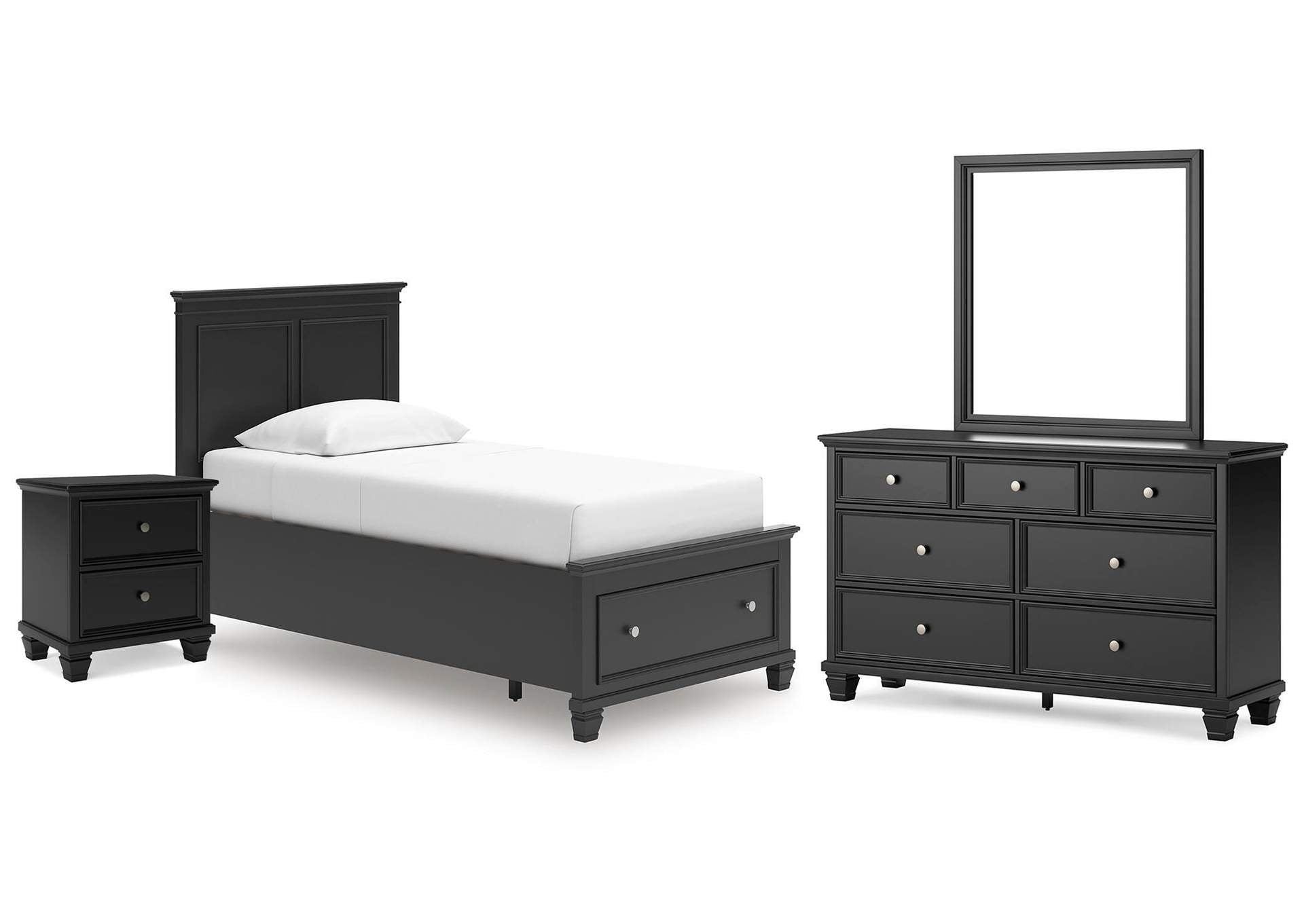 Lanolee Twin Panel Storage Bed, Dresser, Mirror and Nightstand