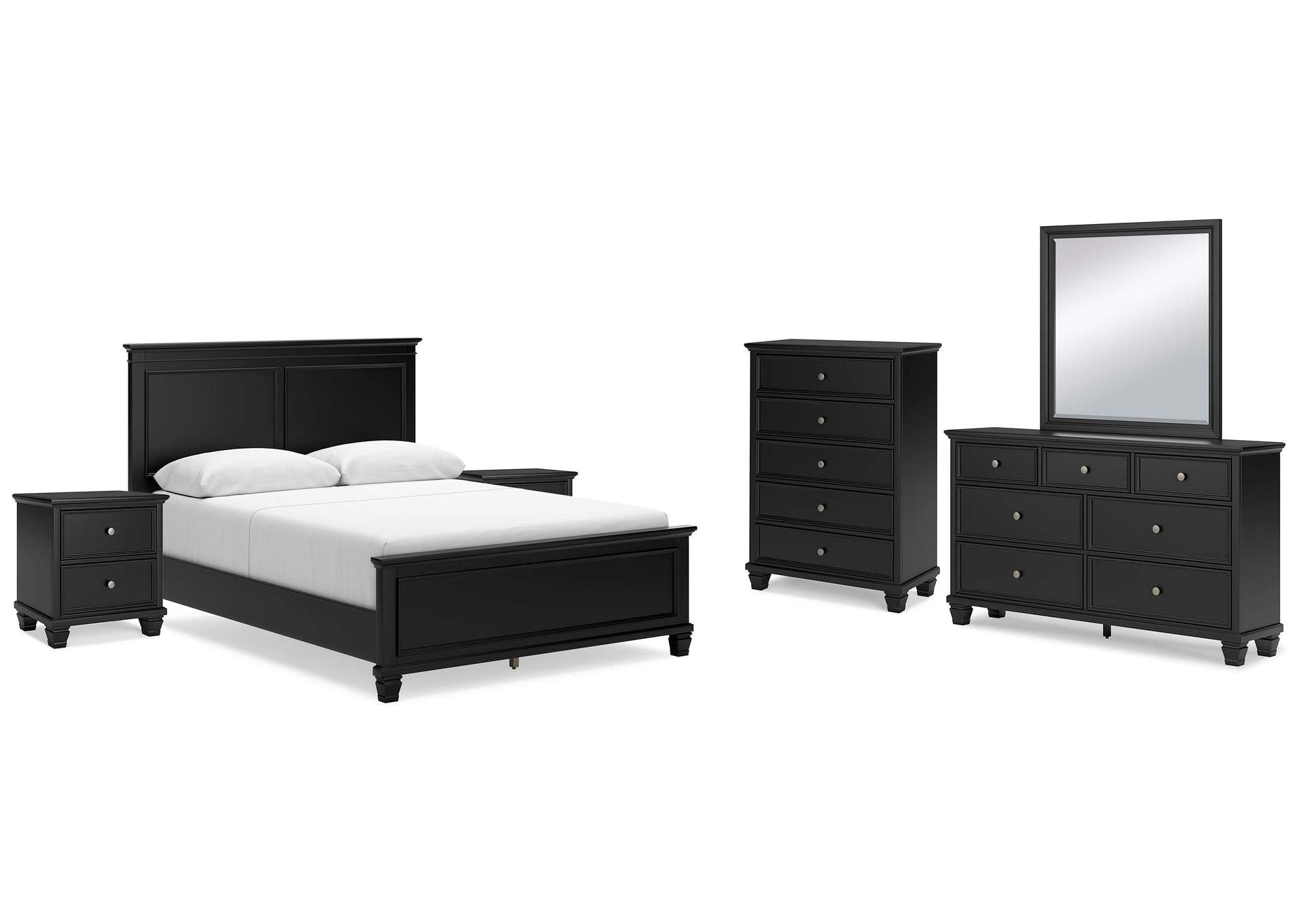 Lanolee Queen Panel Bed with Mirrored Dresser, Chest and 2 Nightstands