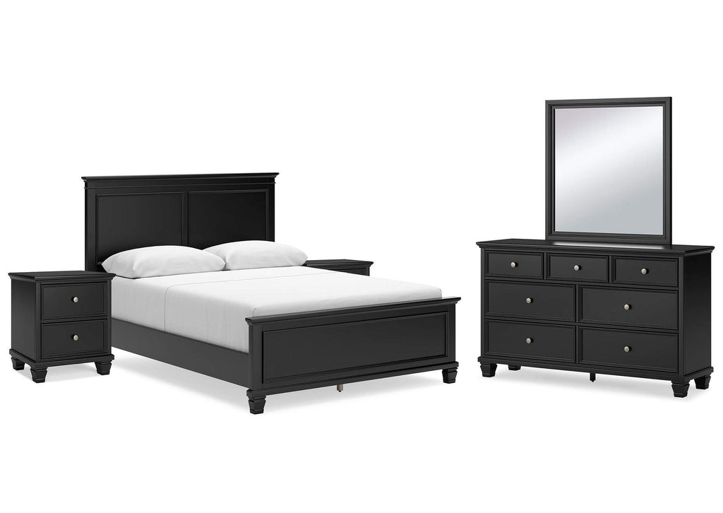 Lanolee Queen Panel Bed with Mirrored Dresser and 2 Nightstands