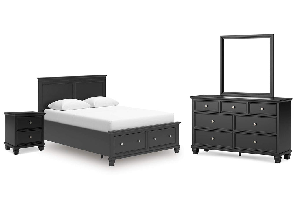 Lanolee Queen Panel Storage Bed, Dresser, Mirror and Nightstand