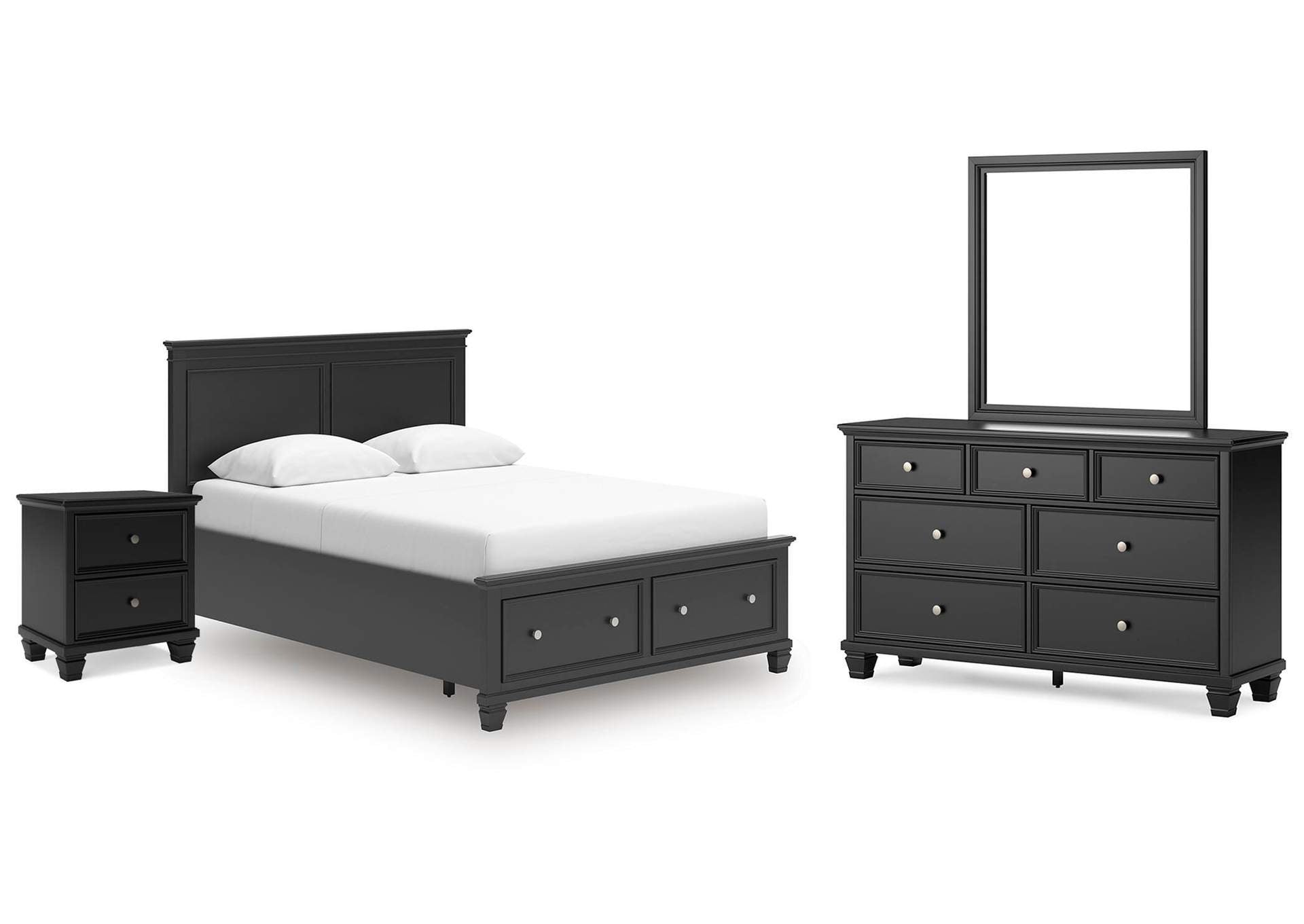 Lanolee Queen Panel Storage Bed, Dresser, Mirror and Nightstand
