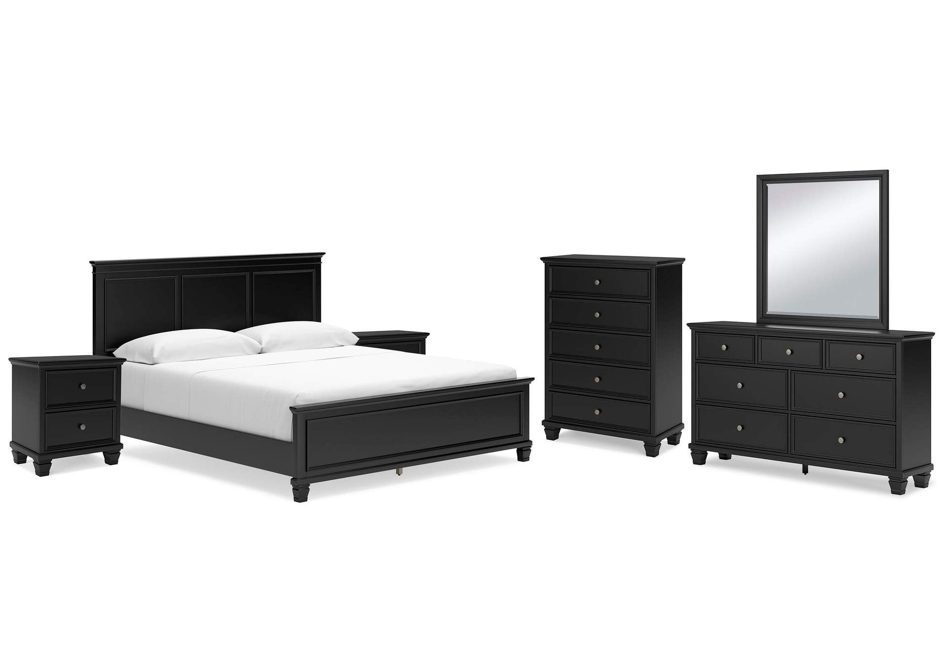 Lanolee California King Panel Bed with Mirrored Dresser, Chest and 2 Nightstands