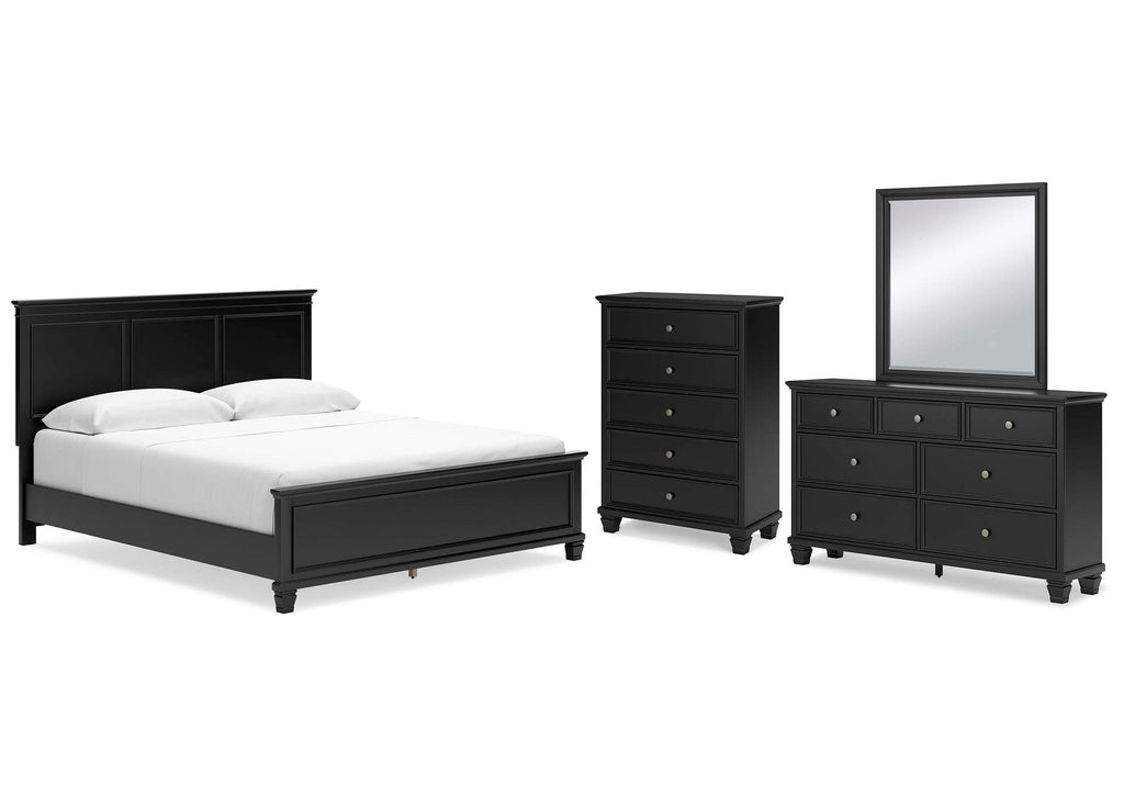 Lanolee California King Panel Bed with Mirrored Dresser and Chest
