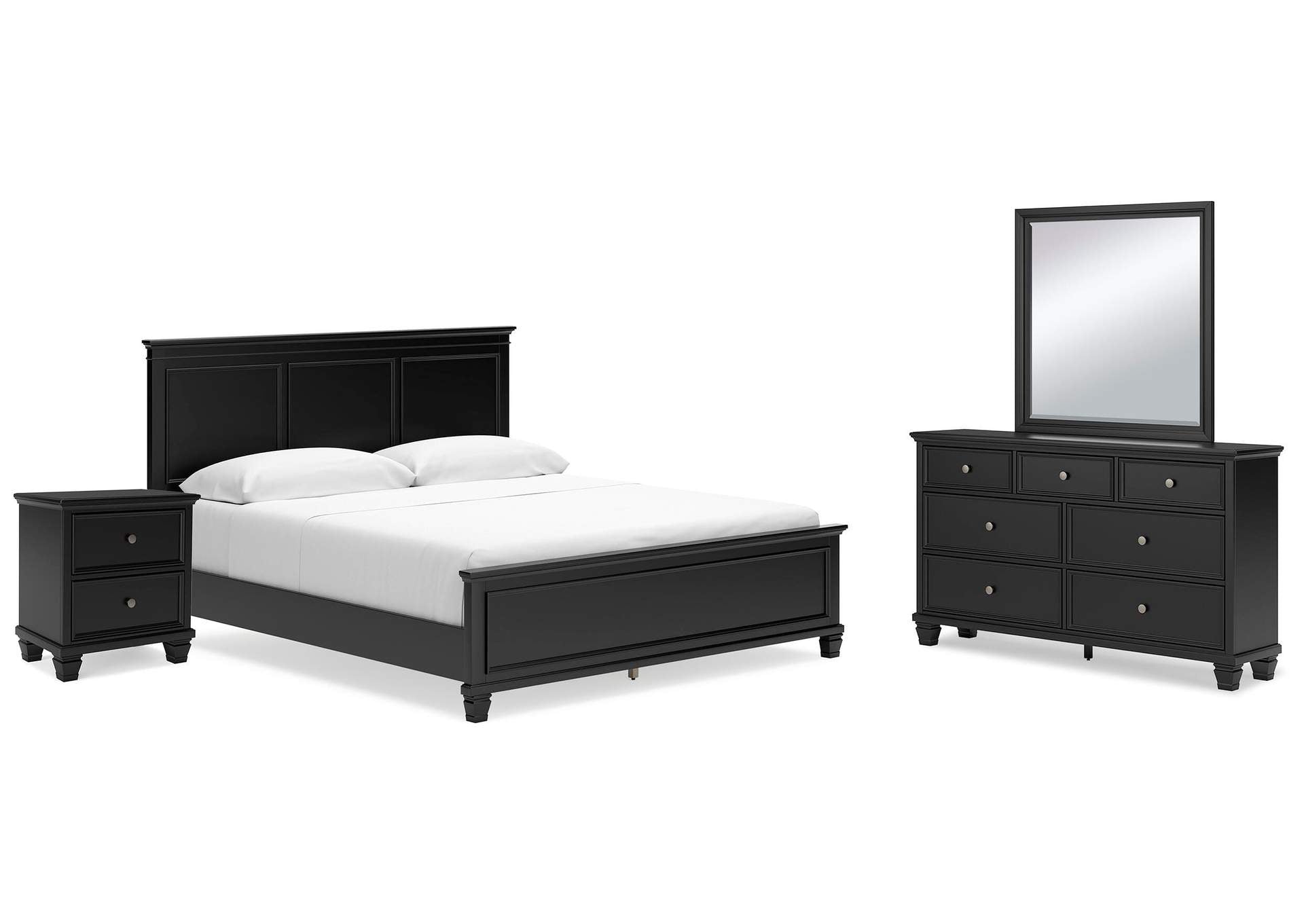 Lanolee California King Panel Bed with Mirrored Dresser and Nightstand